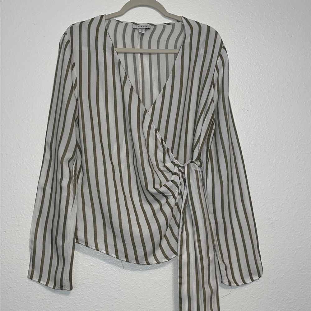 TOPSHOP - Olive and White Striped Blouse - Size 6